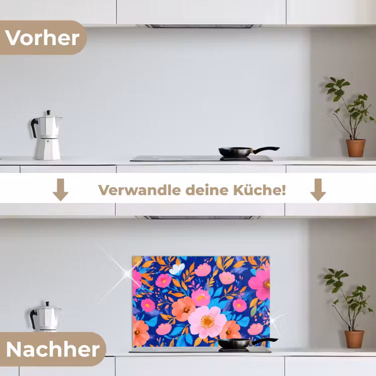 Bloemen - Blauw - Roze keuken achterwand spatscherm klein -voor_na_DE
