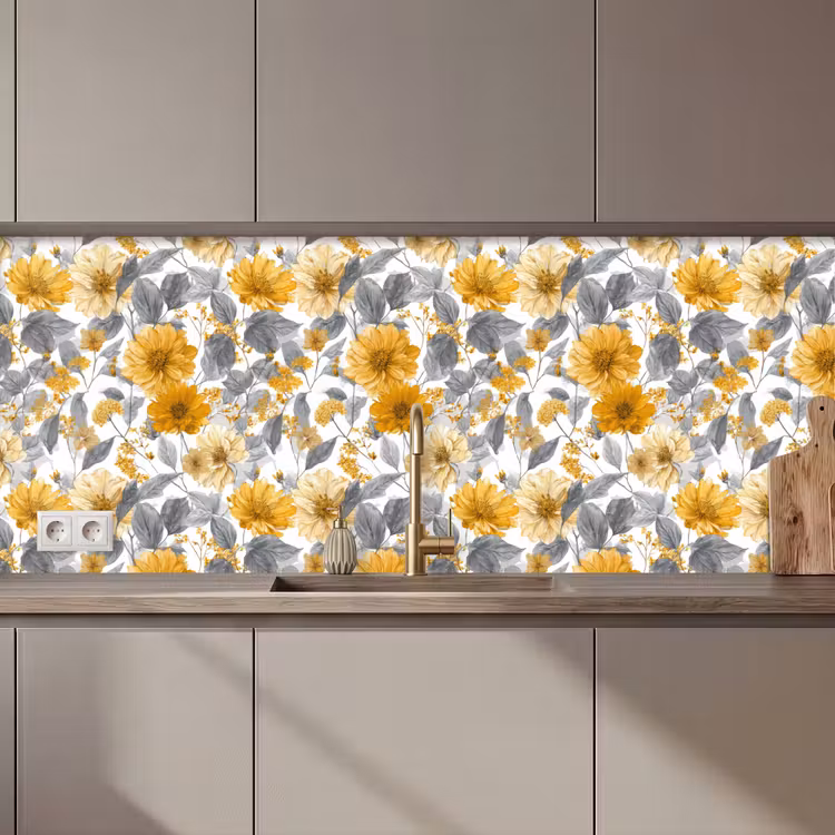 Bloemen - Botanisch - Elegant - Okergeel - Grijs keuken achterwand 2 middel 871 zz_3dshopping