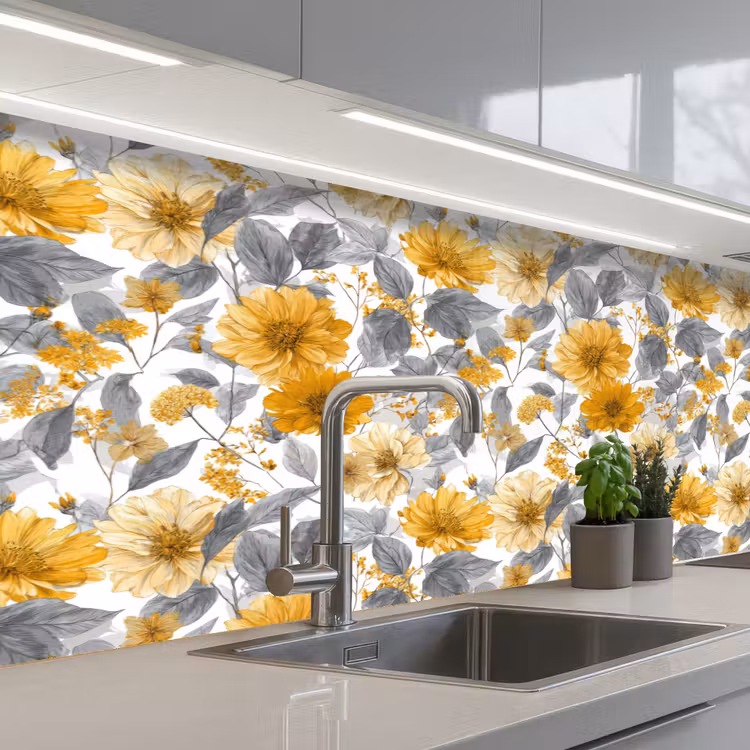 Bloemen - Botanisch - Elegant - Okergeel - Grijs keuken achterwand 2 middel 871 -3d_schuin