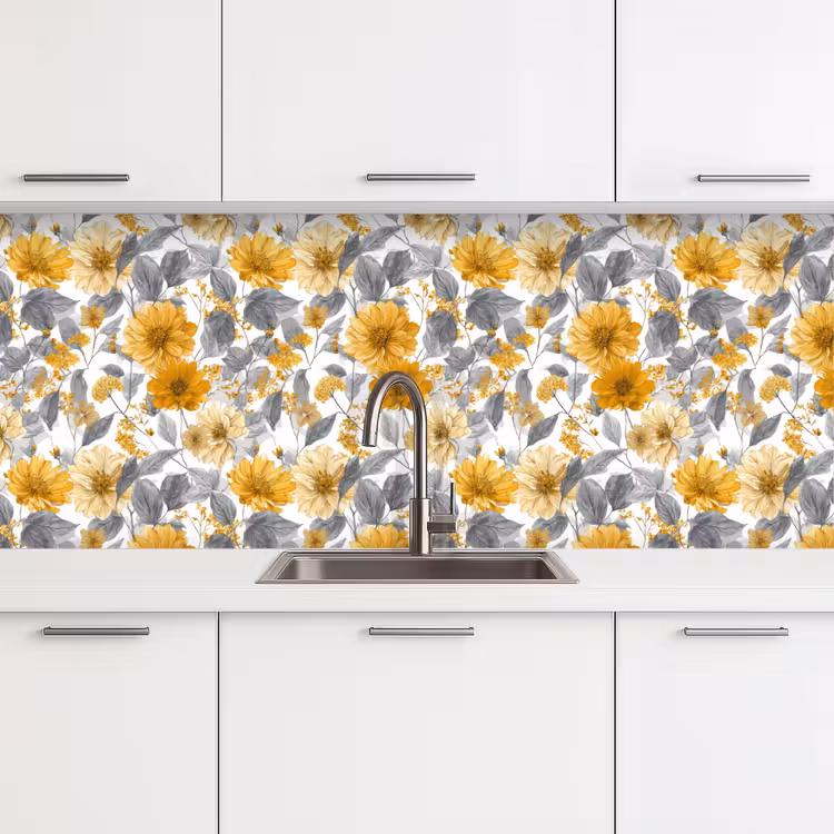 Bloemen - Botanisch - Elegant - Okergeel - Grijs keuken achterwand 2 middel 871 -3d