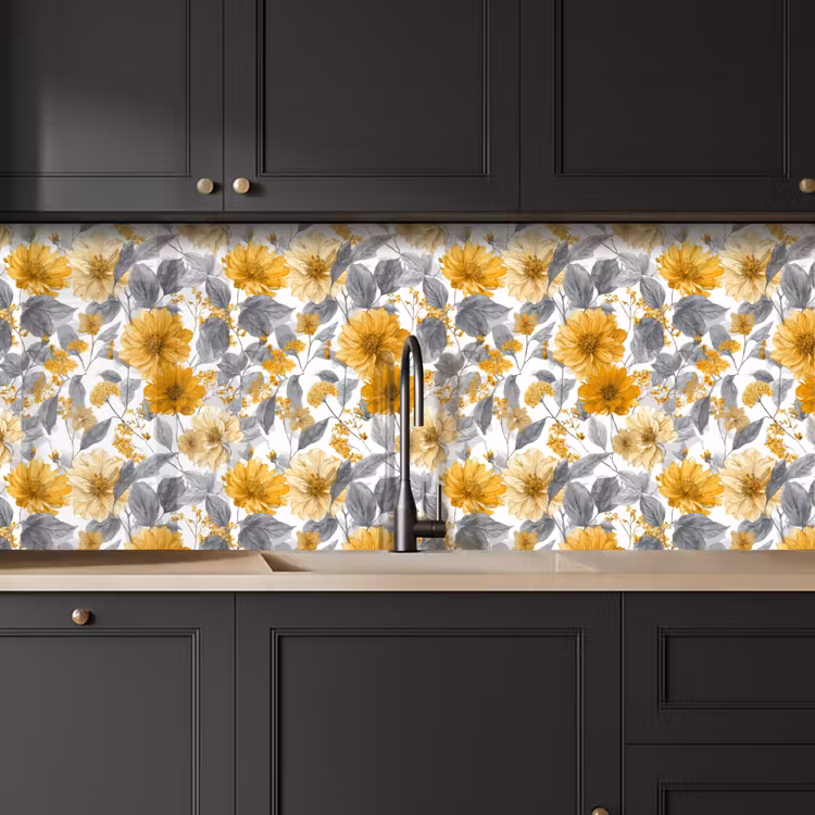Bloemen - Botanisch - Elegant - Okergeel - Grijs keuken achterwand 2 middel 871 -sfeer1