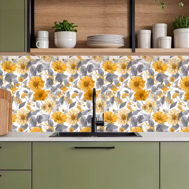 Bloemen - Botanisch - Elegant - Okergeel - Grijs keuken achterwand 2 middel 871 -sfeer3