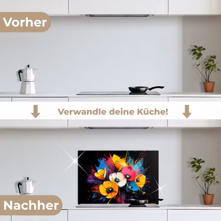 Bloemen - Kleurrijk - Graffiti - Modern - Boeket keuken achterwand spatscherm klein -voor_na_DE