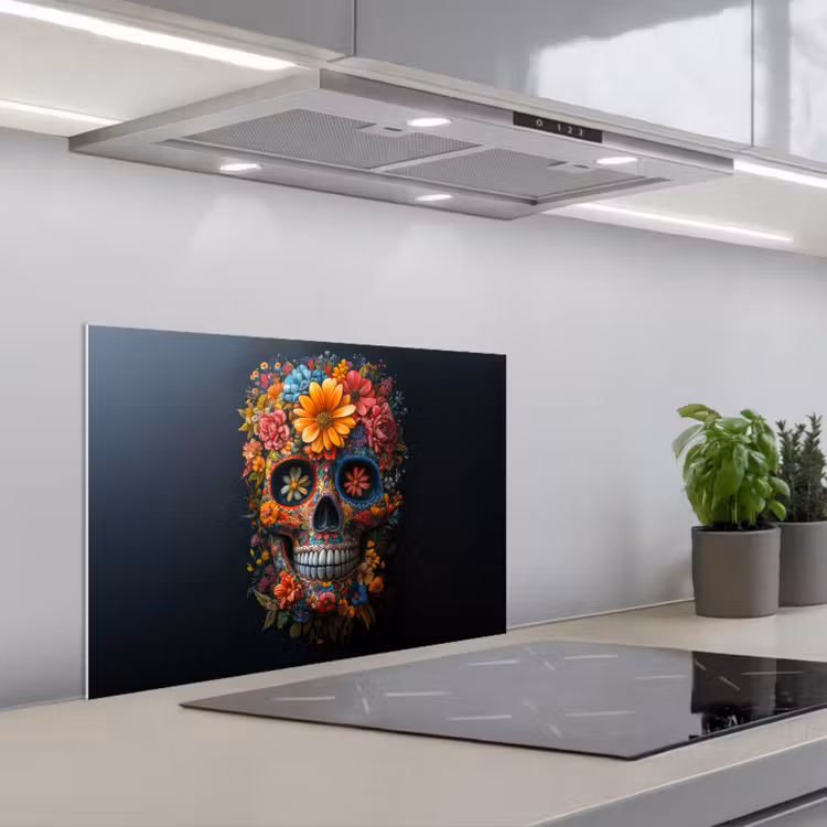 Bloemen - Kleurrijk - Schedel keuken achterwand spatscherm klein -3d_schuin