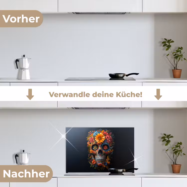 Bloemen - Kleurrijk - Schedel keuken achterwand spatscherm klein -voor_na_DE