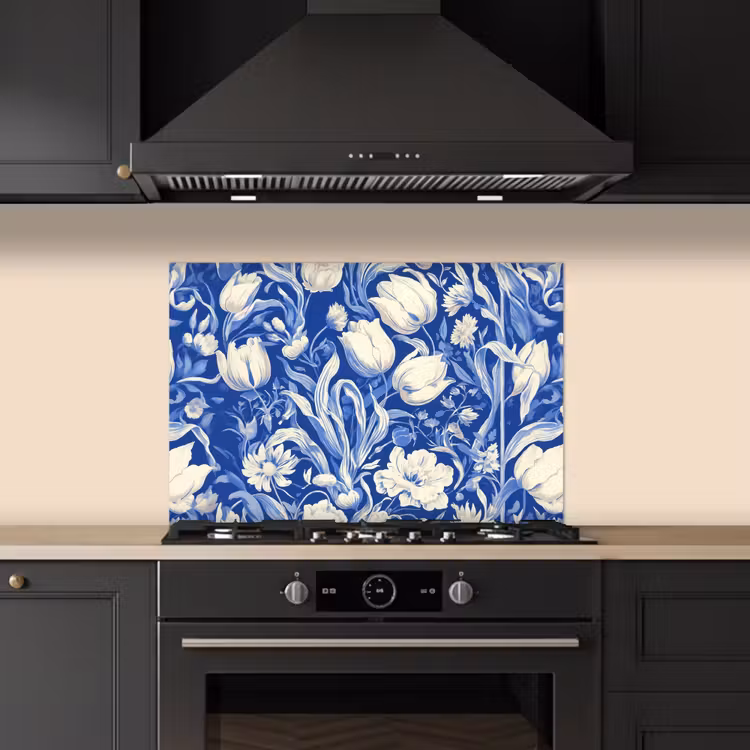 Bloemen - Delfts Blauw - Patroon - Tulp keuken achterwand spatscherm klein -sfeer1