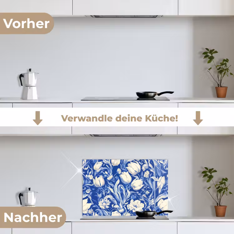 Bloemen - Delfts Blauw - Patroon - Tulp keuken achterwand spatscherm klein -voor_na_DE