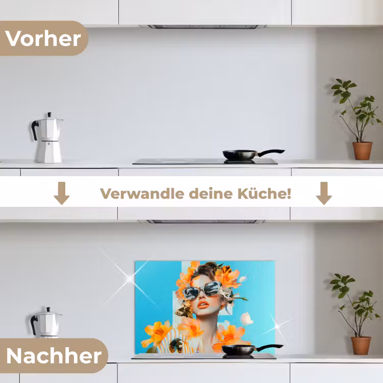 Bloemen - Vrouw - Zonnebril - Blauw keuken achterwand spatscherm klein -voor_na_DE