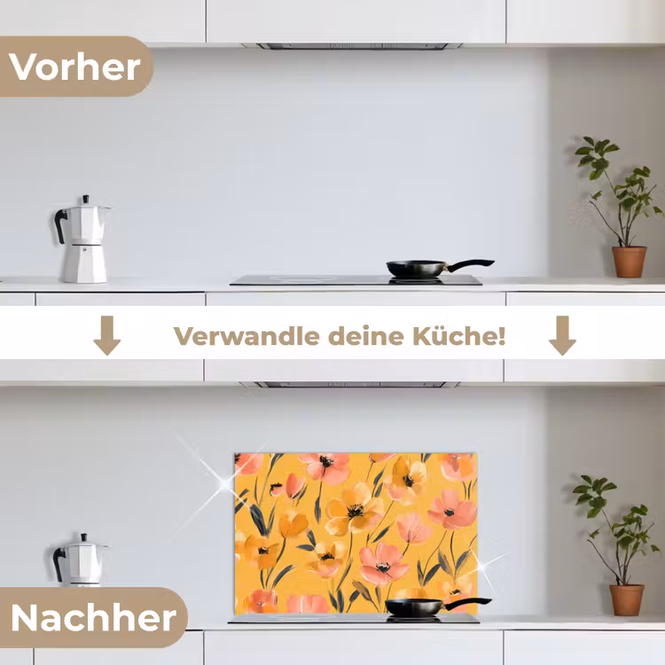 Bloemen - Geschilderd - Geel keuken achterwand spatscherm klein -voor_na_DE