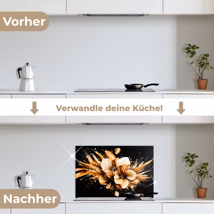 Bloemen - Goud - Graffiti - Zwart - Abstract keuken achterwand spatscherm klein -voor_na_DE