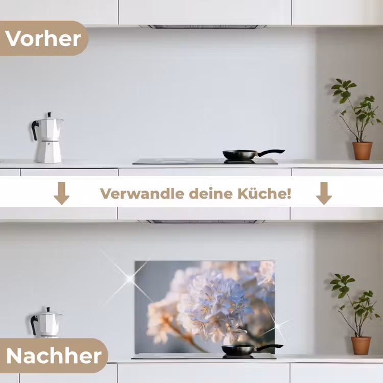 Bloemen - Lichtblauw - Wazig - Trosje keuken achterwand spatscherm klein -voor_na_DE