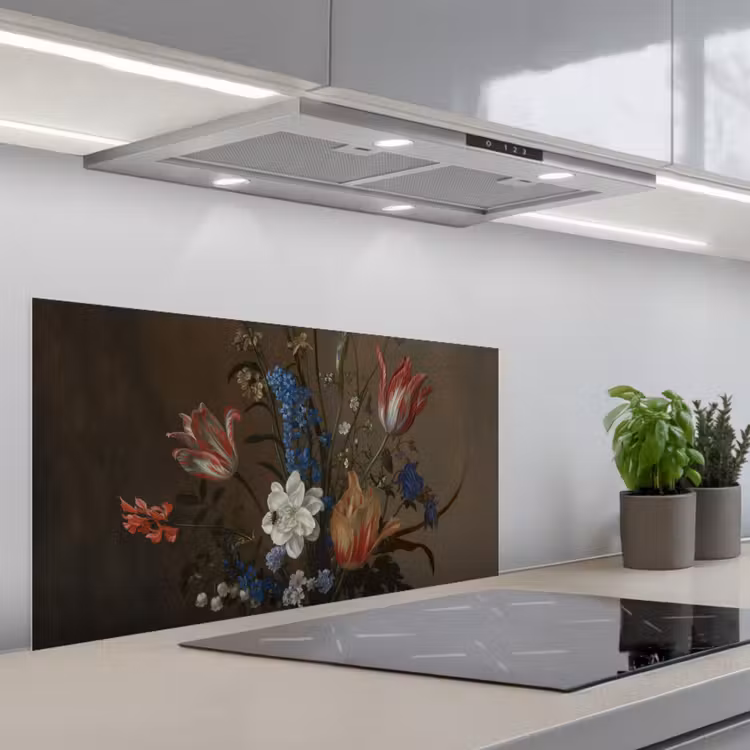 Bloemen in een Wan-Li vaas en schelpen - Schilderij van Balthasar van der Ast keuken achterwand spatscherm middel -3d_schuin