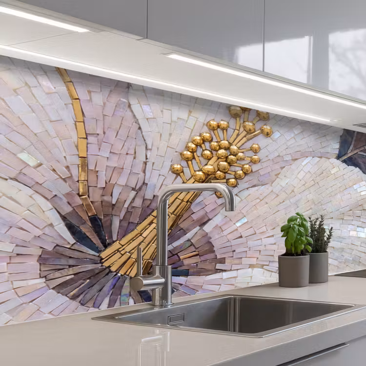 Bloemen - Mozaïek - Kunst - Modern - Goud keuken achterwand 2 middel -3d_schuin