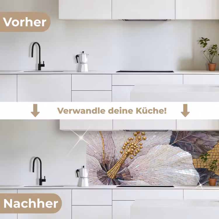 Bloemen - Mozaïek - Kunst - Modern - Goud keuken achterwand 2 middel -voor-na_DE