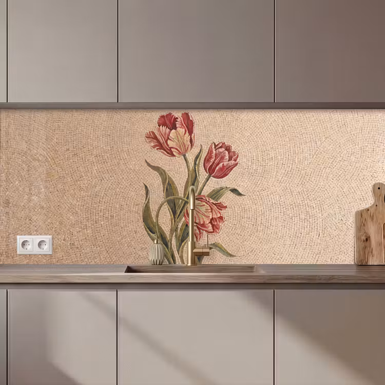 Bloemen - Mozaïek - Rood - Groen - Kunst keuken achterwand 2 middel zz_3dshopping