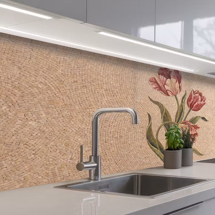 Bloemen - Mozaïek - Rood - Groen - Kunst keuken achterwand 2 middel -3d_schuin