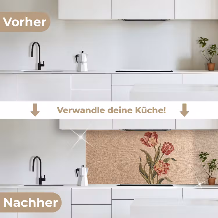 Bloemen - Mozaïek - Rood - Groen - Kunst keuken achterwand 2 middel -voor-na_DE