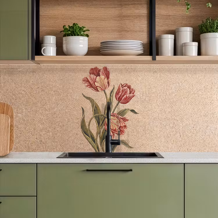 Bloemen - Mozaïek - Rood - Groen - Kunst keuken achterwand 2 middel -sfeer3