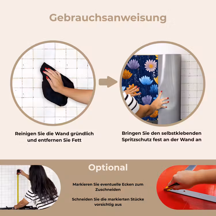 Bloemen - Patroon - Blauw - Contrast keuken achterwand spatscherm klein -gebruiksaanwijzing_DE