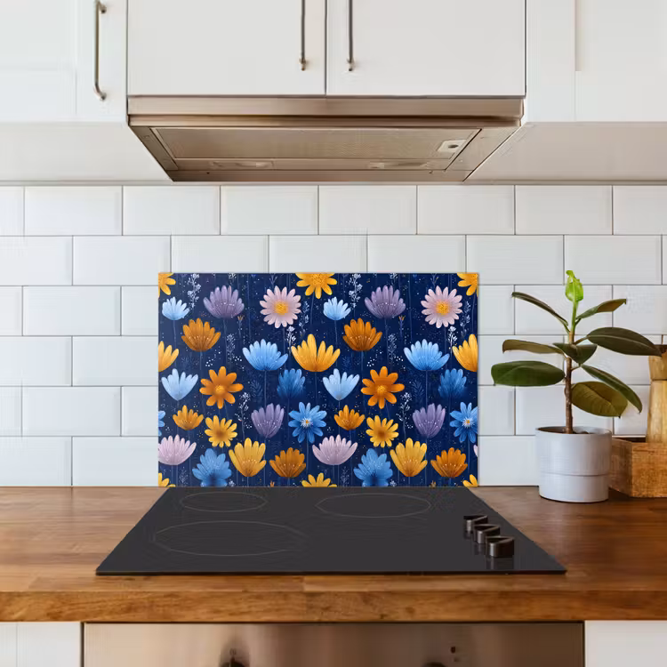 Bloemen - Patroon - Blauw - Contrast keuken achterwand spatscherm klein -sfeer2