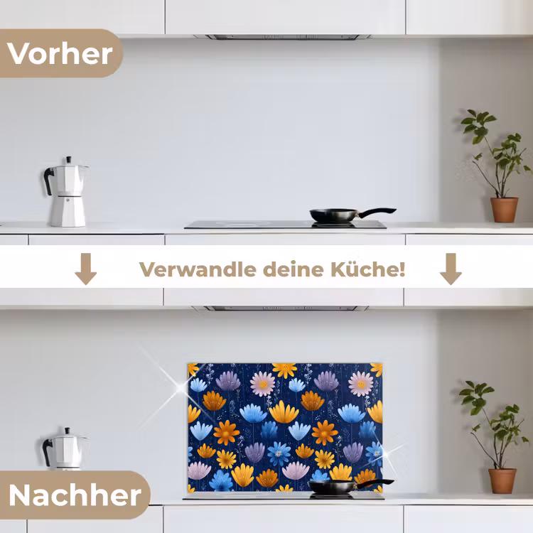 Bloemen - Patroon - Blauw - Contrast keuken achterwand spatscherm klein -voor_na_DE
