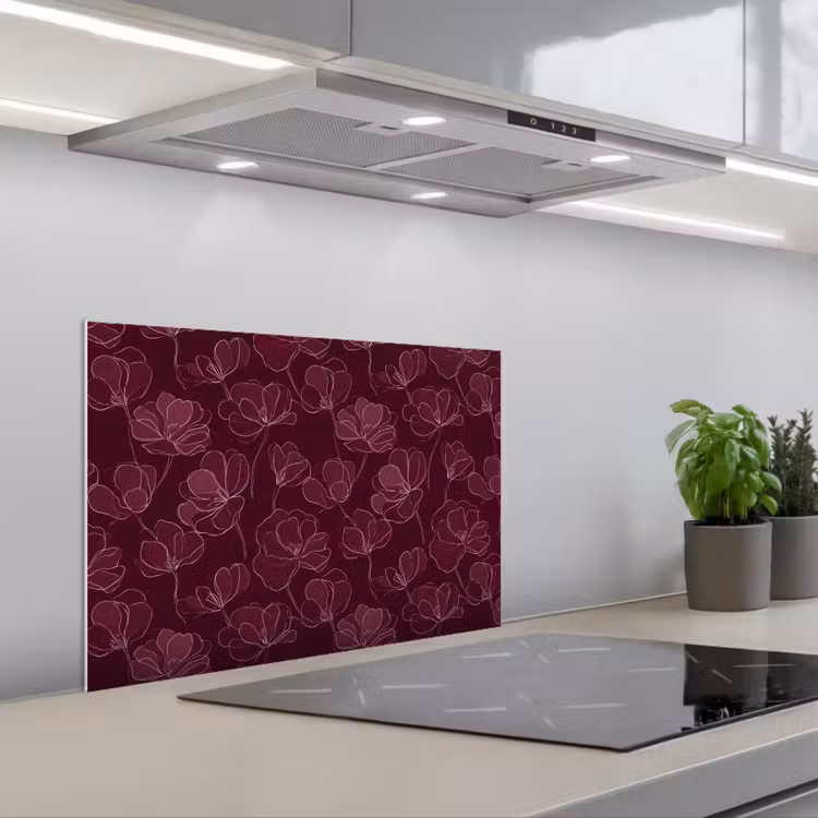 Bloemen - Patroon - Bordeauxrood keuken achterwand spatscherm klein 900 -3d_schuin