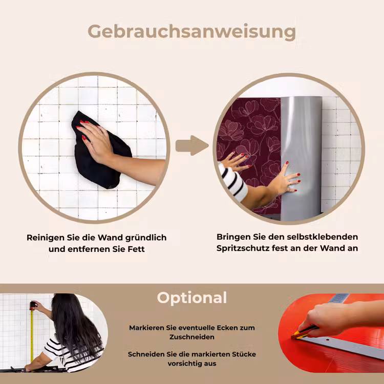 Bloemen - Patroon - Bordeauxrood keuken achterwand spatscherm klein 900 -gebruiksaanwijzing_DE