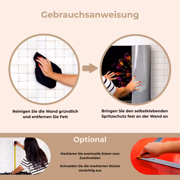 Bloemen - Oranje - Roze - Zwart keuken achterwand spatscherm klein -gebruiksaanwijzing_DE