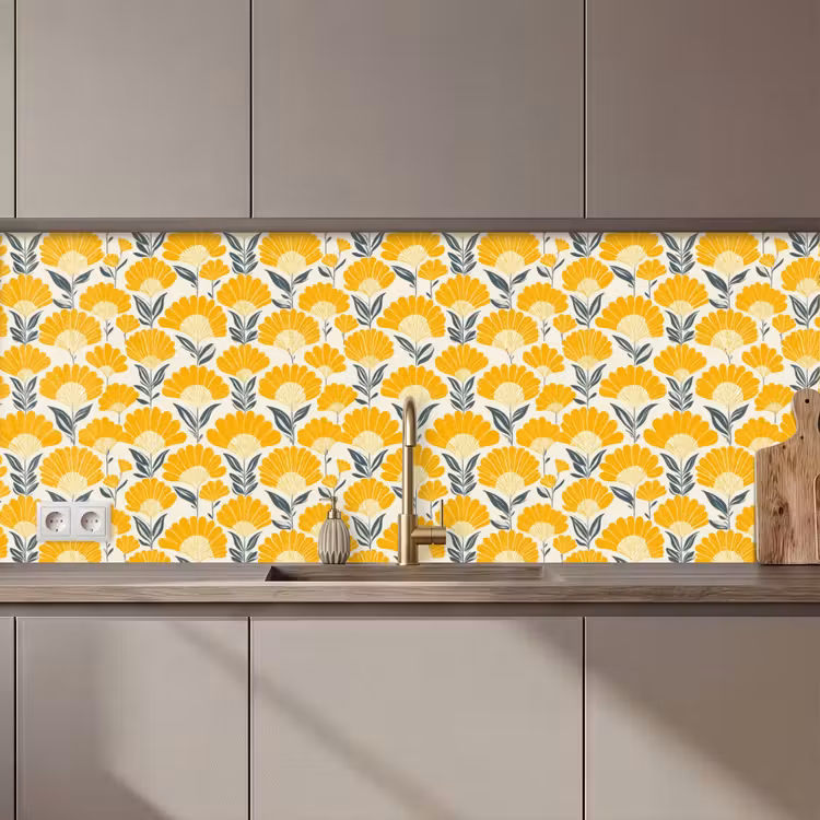 Bloemen - Retro - Botanisch - Okergeel - Grijs keuken achterwand 2 middel 871 zz_3dshopping