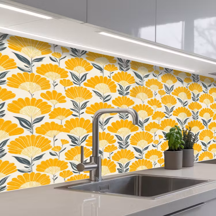 Bloemen - Retro - Botanisch - Okergeel - Grijs keuken achterwand 2 middel 871 -3d_schuin