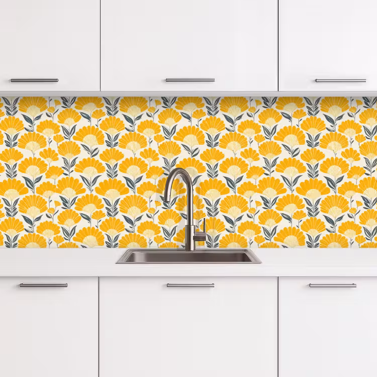 Bloemen - Retro - Botanisch - Okergeel - Grijs keuken achterwand 2 middel 871 -3d