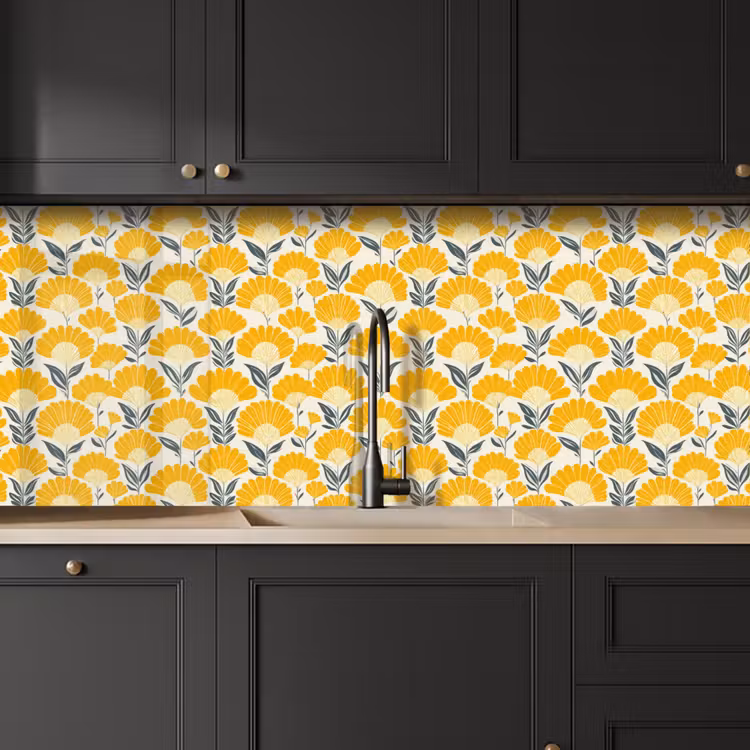 Bloemen - Retro - Botanisch - Okergeel - Grijs keuken achterwand 2 middel 871 -sfeer1