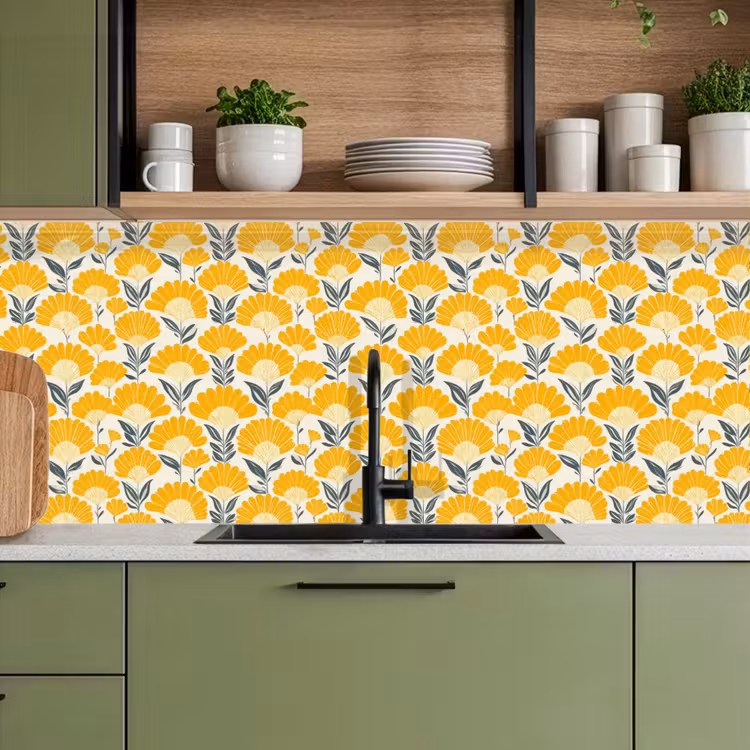 Bloemen - Retro - Botanisch - Okergeel - Grijs keuken achterwand 2 middel 871 -sfeer3