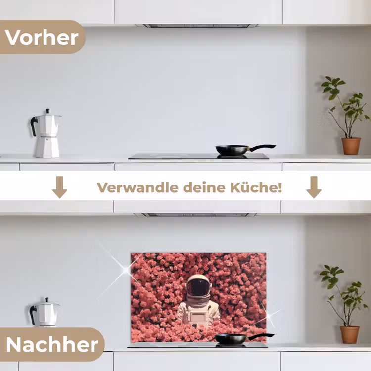 Bloemen - Roze - Astronaut keuken achterwand spatscherm klein -voor_na_DE