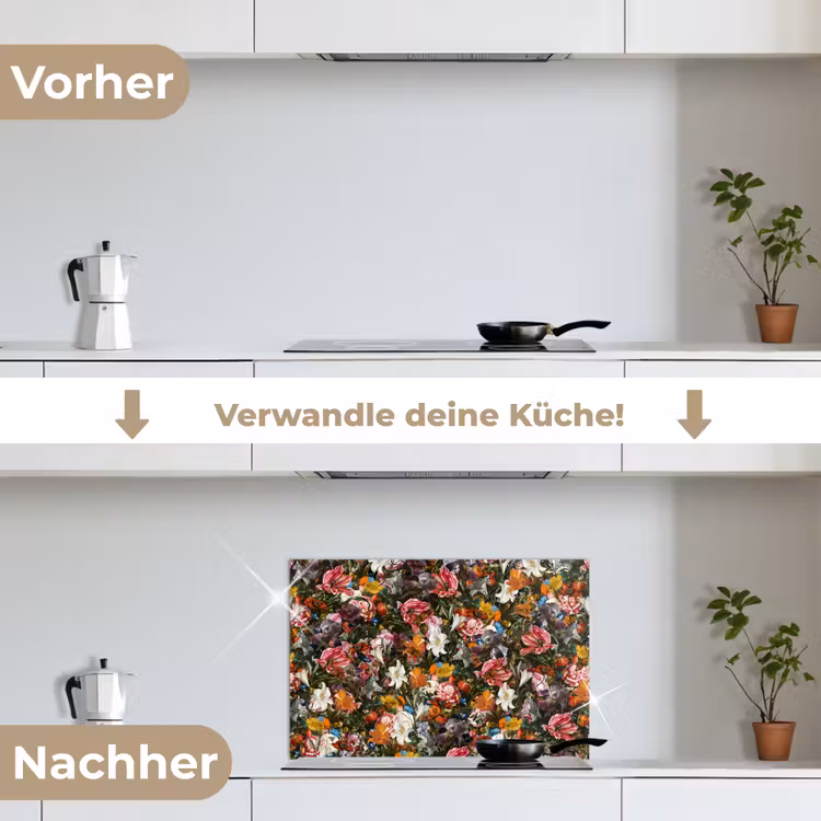 Bloemen - Vlinder - Design - Kunst - Abstract - Schilderij - Oude meesters keuken achterwand spatscherm klein -voor_na_DE