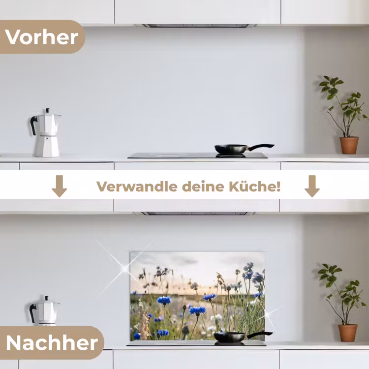 Bloemen - Zomer - Korenbloem - Blauw - Zon - Wolken keuken achterwand spatscherm klein -voor_na_DE