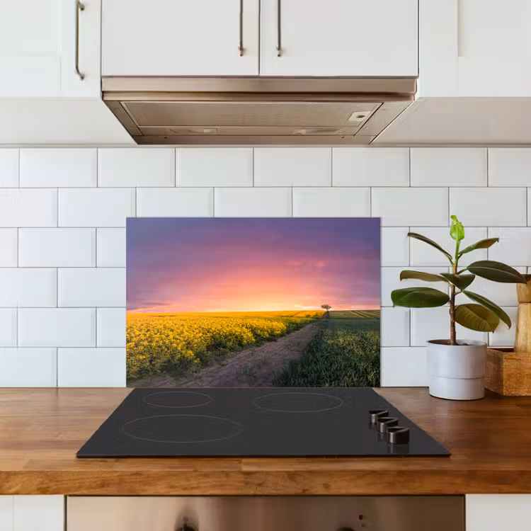Bloemen - Weg - Lucht - Geel - Paars - Zonsondergang - Natuur keuken achterwand spatscherm klein -sfeer2
