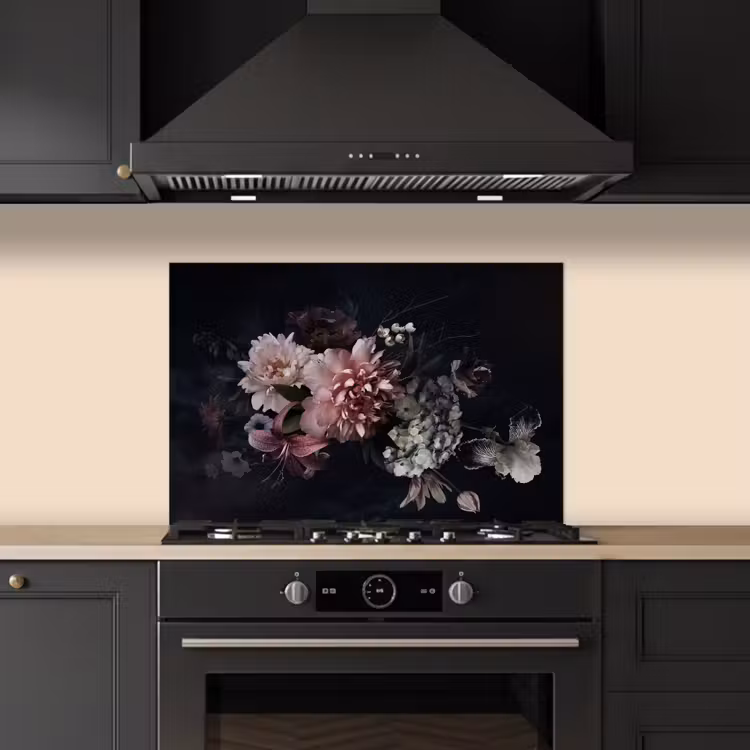 Bloemen - Vintage - Pastel - Zwart - Boeket keuken achterwand spatscherm klein -sfeer1
