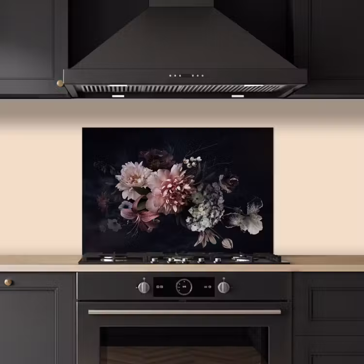 Bloemen - Vintage - Pastel - Zwart - Boeket keuken achterwand spatscherm klein -sfeer1