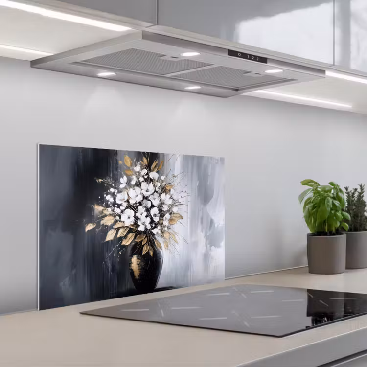 Bloemen - Wit - Vaas - Abstract keuken achterwand spatscherm klein -3d_schuin