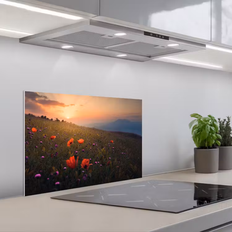 Bloemenveld - Gras - Bloemen - Planten - Zonsondergang - Oranje keuken achterwand spatscherm klein -3d_schuin