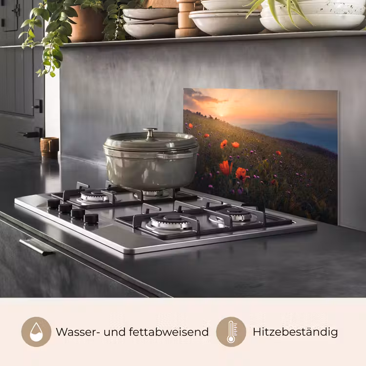 Bloemenveld - Gras - Bloemen - Planten - Zonsondergang - Oranje keuken achterwand spatscherm klein -usp_DE