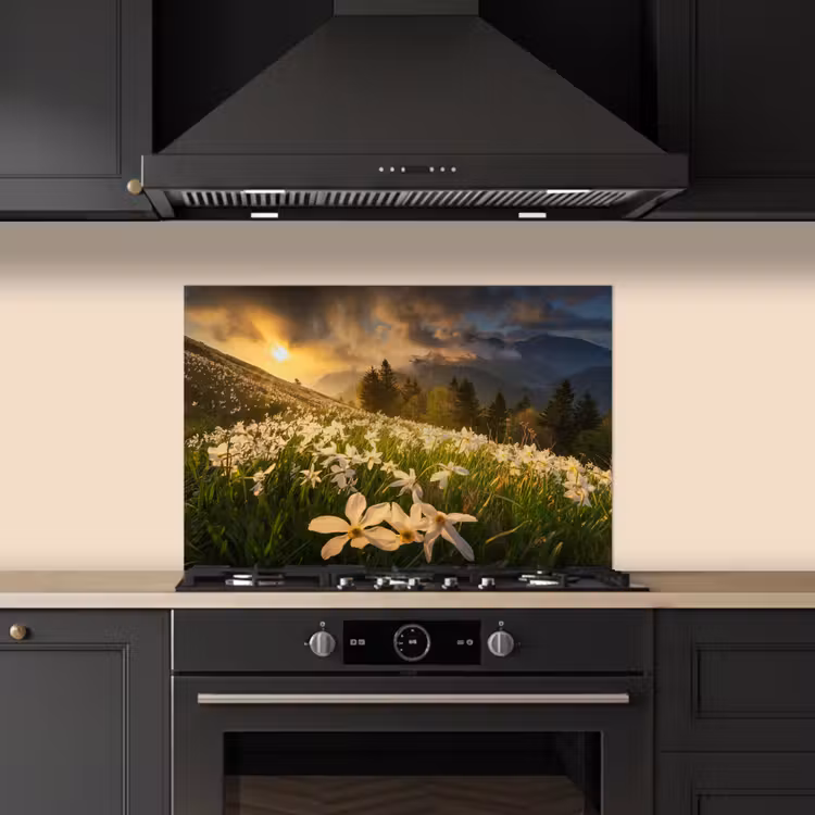Bloemenveld - Heuvels - Zonsondergang - Berg - Natuur - Wit - Heuvels keuken achterwand spatscherm klein -sfeer1