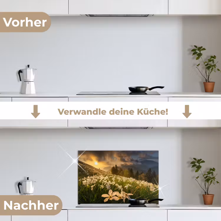 Bloemenveld - Heuvels - Zonsondergang - Berg - Natuur - Wit - Heuvels keuken achterwand spatscherm klein -voor_na_DE