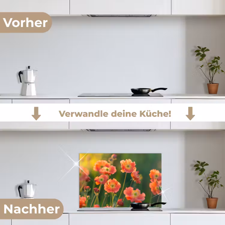 Bloemenveld - Zonnestralen - Oranje keuken achterwand spatscherm klein -voor_na_DE