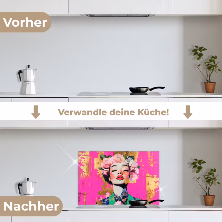 Bloemenkroon - Goud - Vrouw - Portret keuken achterwand spatscherm klein -voor_na_DE