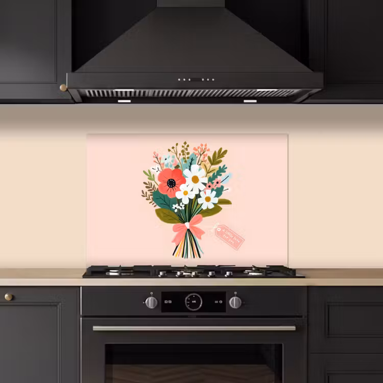 Boeket - Strikje - Kaartje - Quote keuken achterwand spatscherm klein -sfeer1