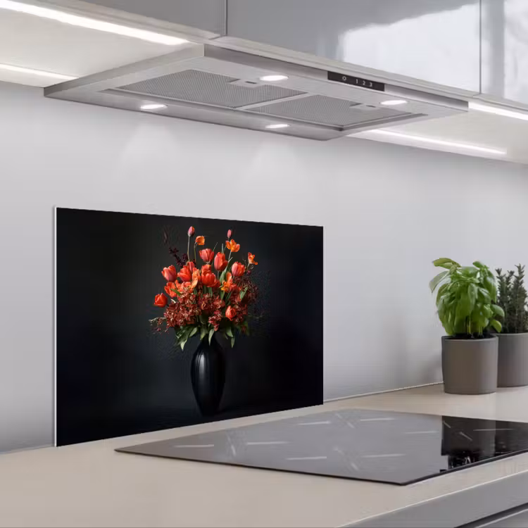 Boeket - Tulpen - Vaas - Rood keuken achterwand spatscherm klein -3d_schuin
