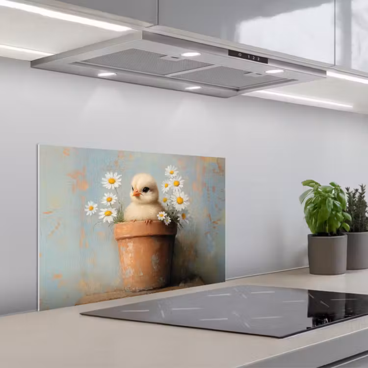 Bloempot - Kuiken - Bloemetjes keuken achterwand spatscherm klein -3d_schuin