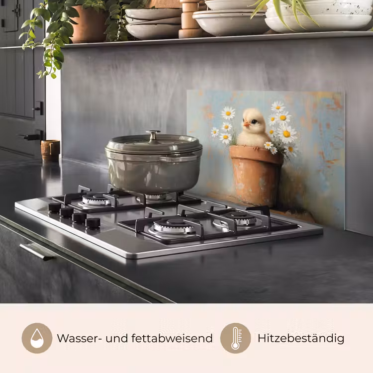 Bloempot - Kuiken - Bloemetjes keuken achterwand spatscherm klein -usp_DE